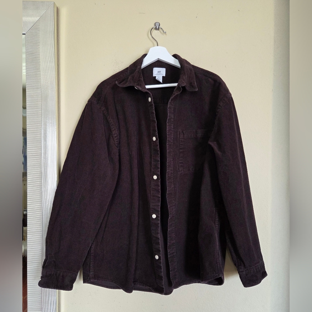 Espresso Brown Corduroy Button Up Shirt Jacket Shacket H&M